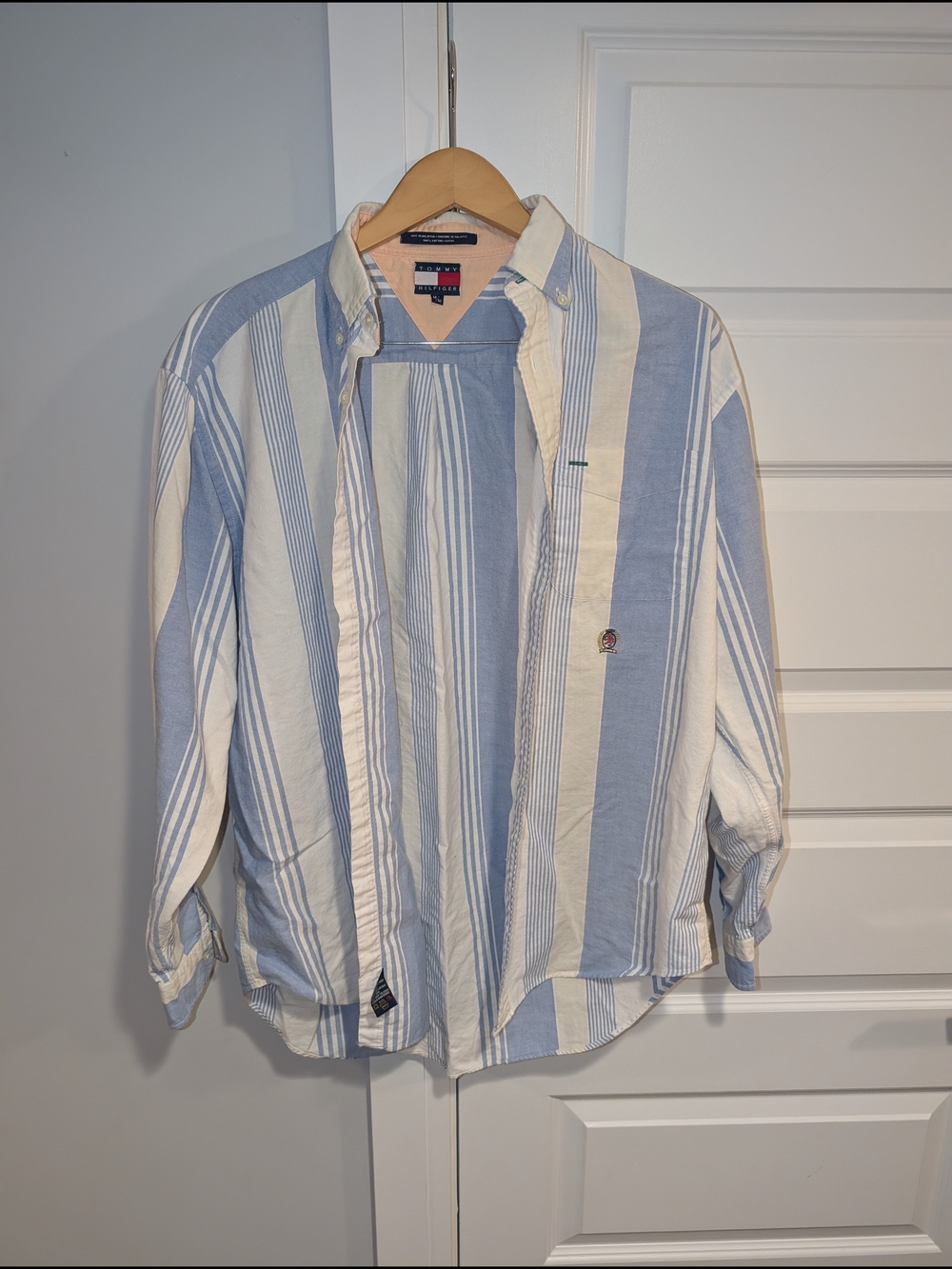 Vintage 90's Tommy Hilfiger Blue, Pink and White Striped Button-Up Summer Shirt